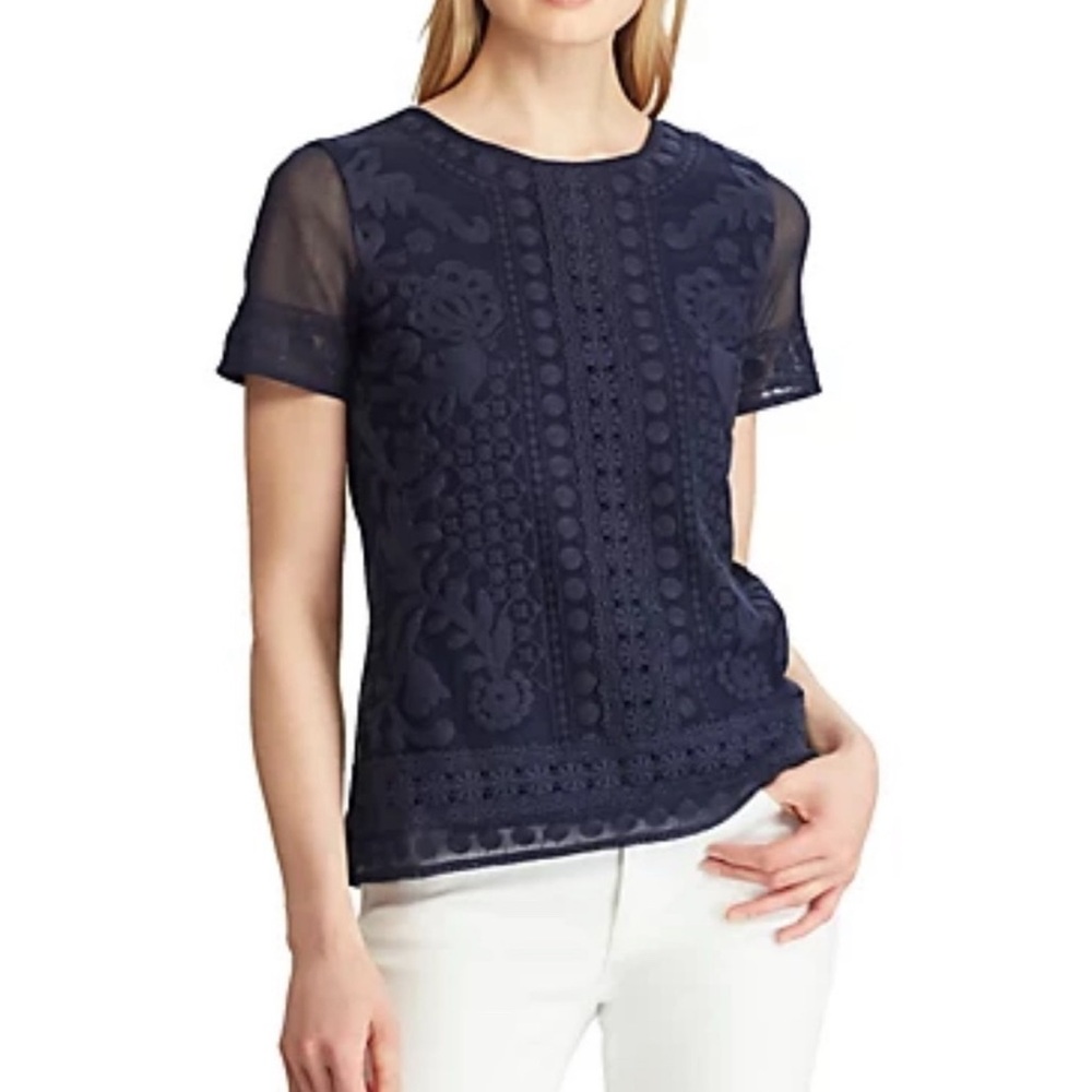 Ralph Lauren Navy Lace Short-Sleeve Blouse